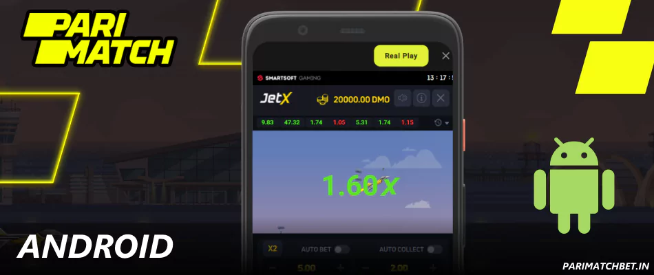 Jet-X गेम एंड्रॉइड के लिए Parimatch ऐप पर उपलब्ध है