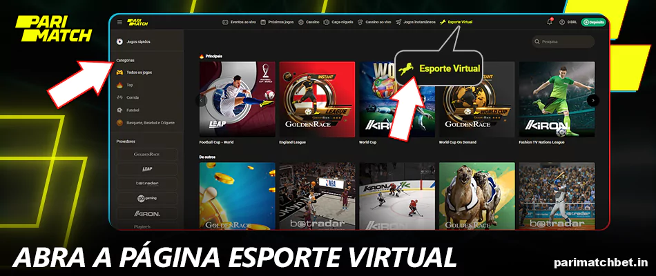 Abra a página virtual de esportes em Parimatch Brasil