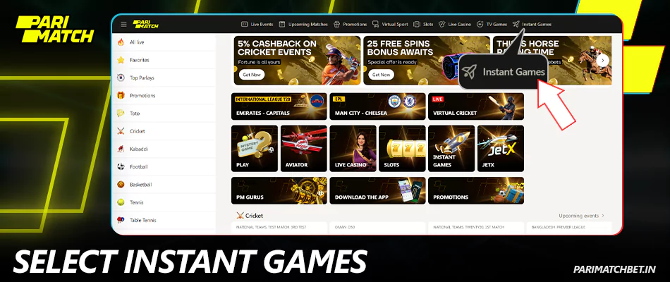 Select the Instant Games tab at Parimatch In