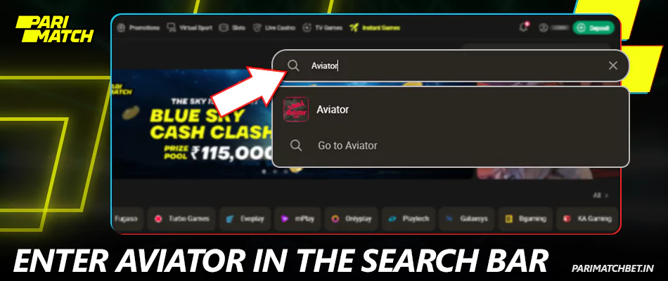 Enter Aviator in the search bar at Parimatch India