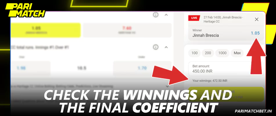 Check the potential winnings and the final coefficient at Parimatch