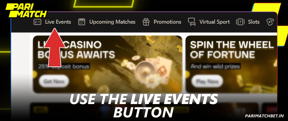 Click Live betting button in Parimatch menu