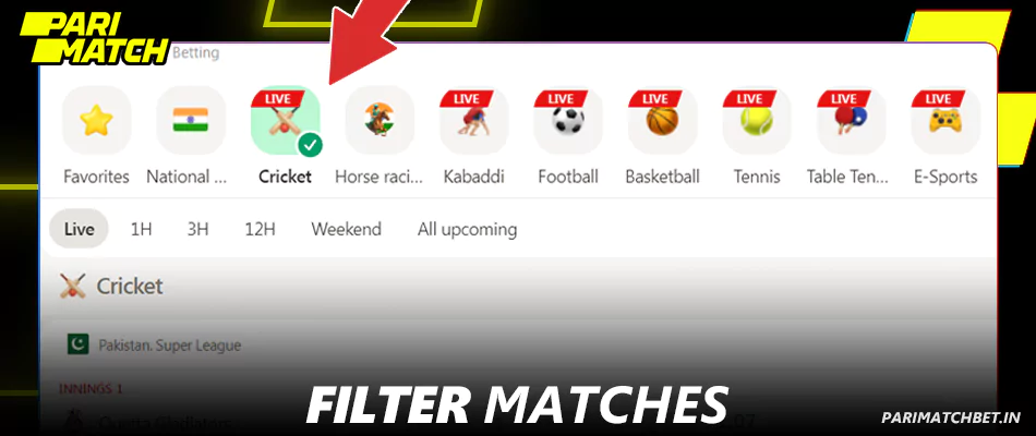 Filter live matches at Parimatch