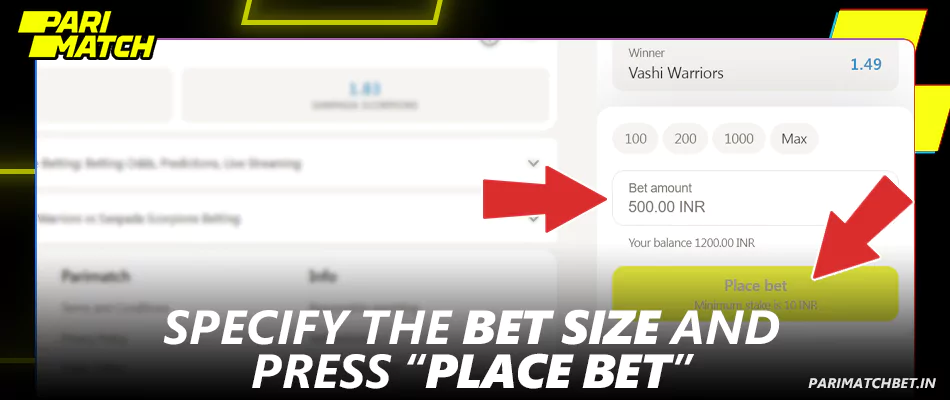 Specify the bet size, press "Place Bet" at Parimatch betslip
