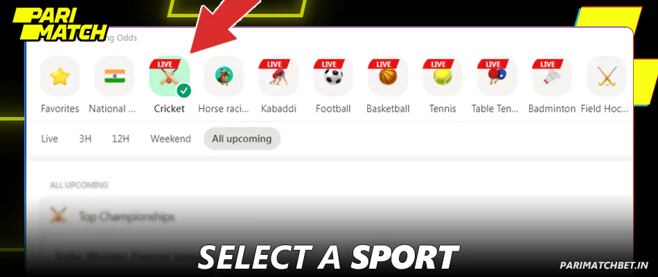 Select a sport at Parimatch