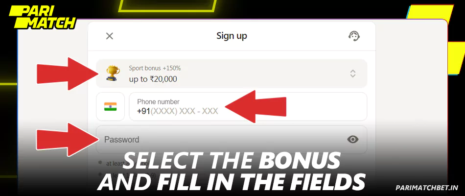 Select the welcome bonus and fill in the fields at Parimatch register form